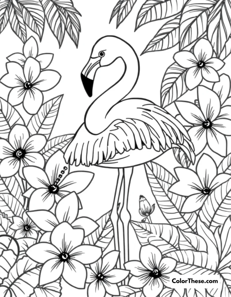 Free printable flamingo with tropical flowers coloring page for kids and adults. A flamingo surrounded by vibrant tropical flowers.