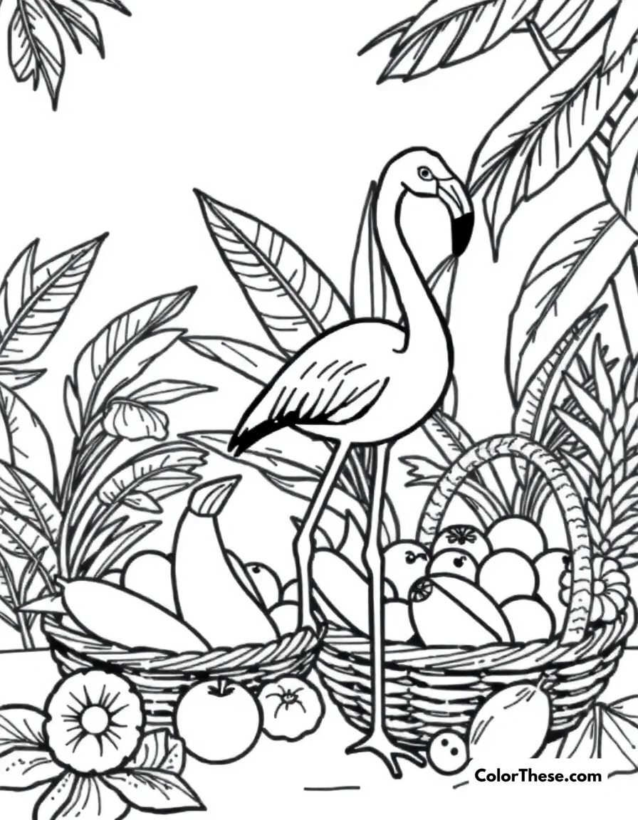 Free printable flamingo with a tropical fruit coloring page for kids and adults. A flamingo standing near a basket of tropical fruits.