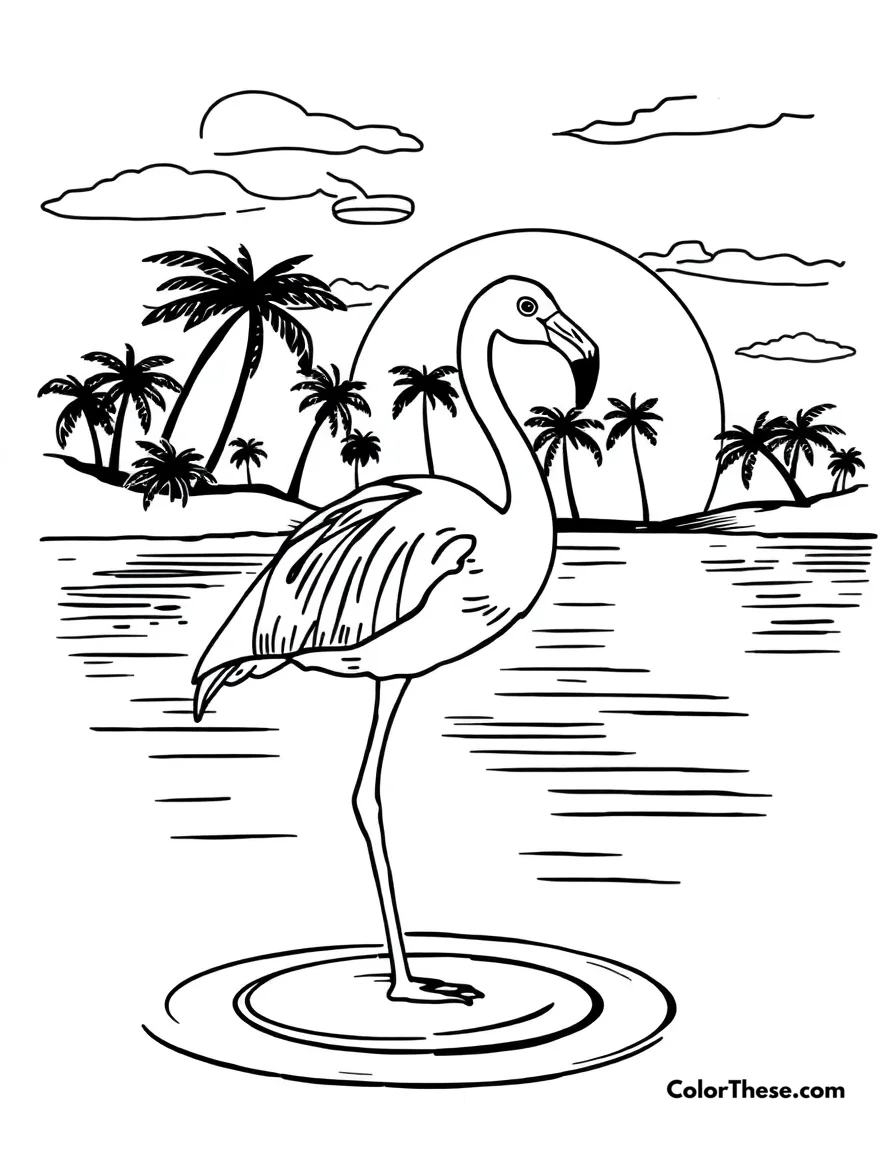 Free printable flamingo in a tropical sunset coloring page for kids and adults. A flamingo standing in water with a tropical sunset in the background.