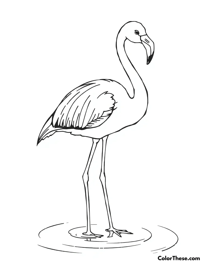 Free printable graceful flamingo standing coloring page for kids and adults. A flamingo standing gracefully in shallow water.