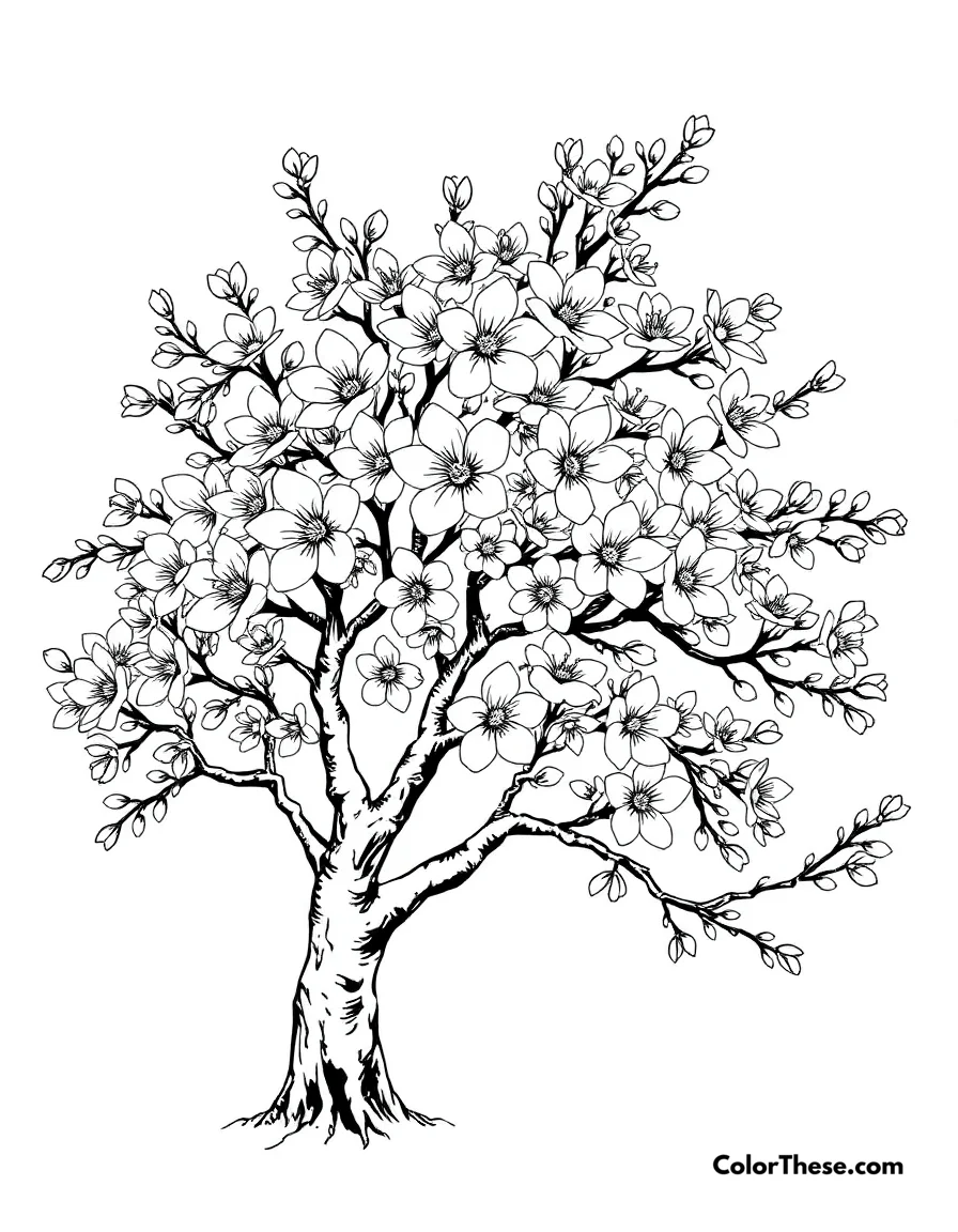 Free printable cherry blossom tree coloring page. A cherry blossom tree in full bloom.