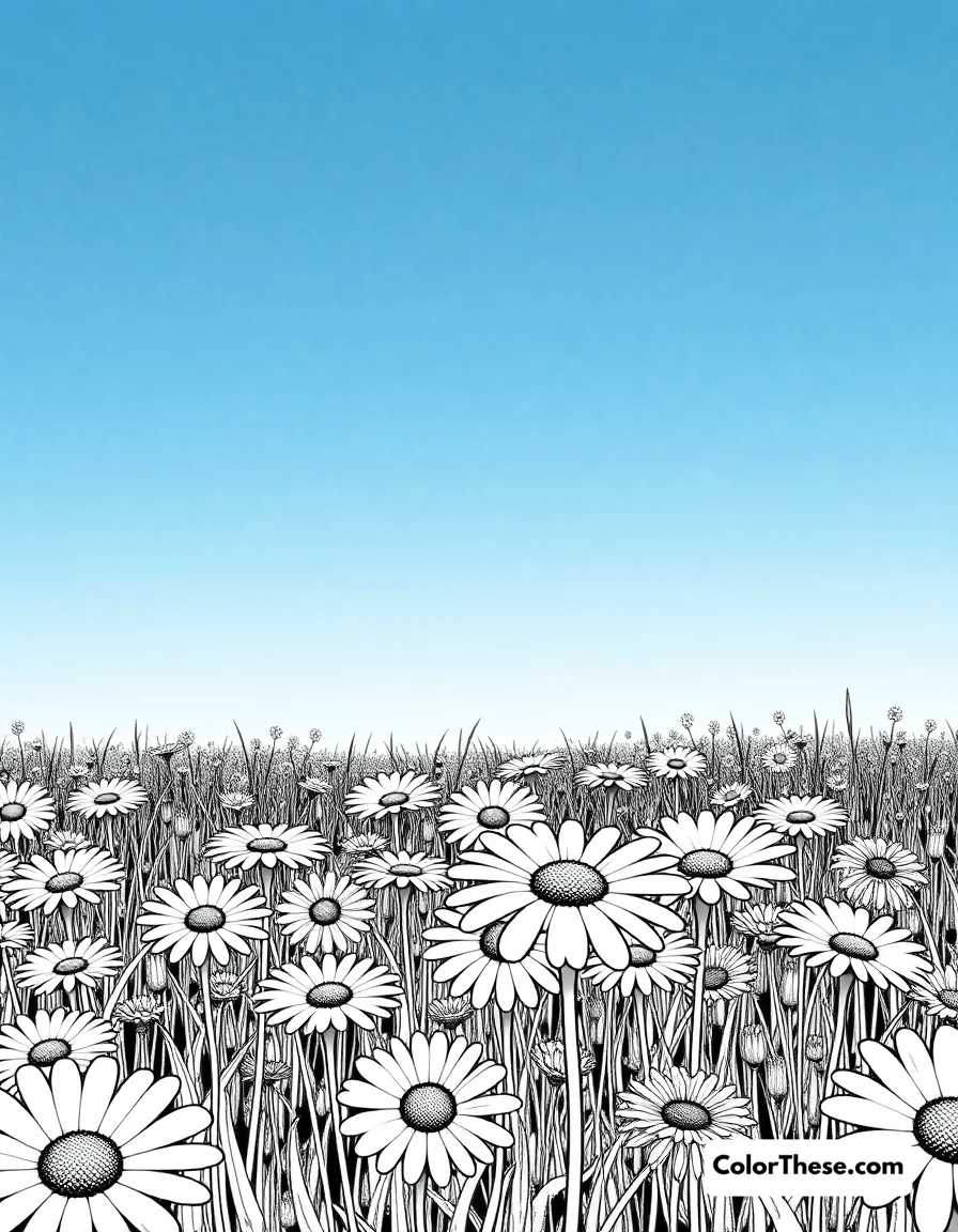 Free printable daisy field coloring page for kids and adults. A field of daisies under a bright blue sky.
