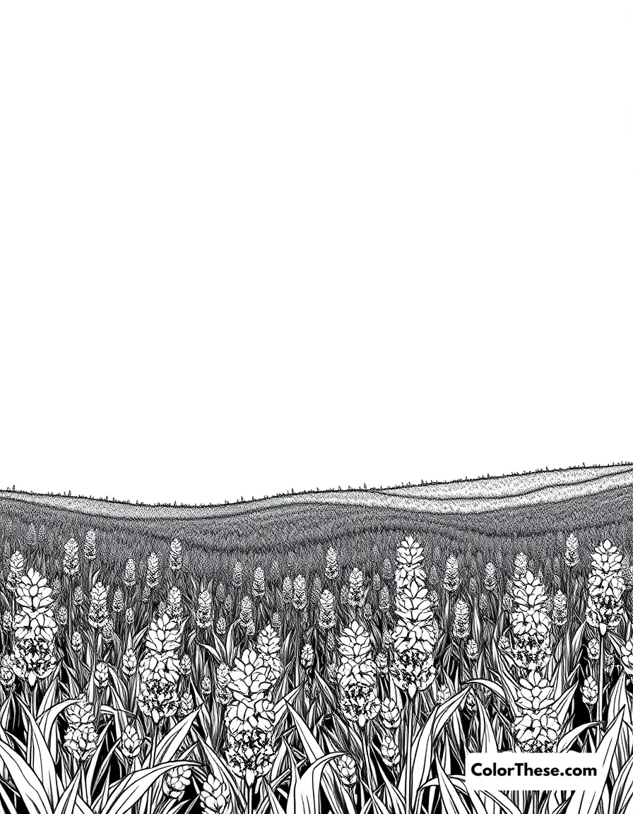Free printable lavender field coloring page for kids and adults. A field of lavender under a clear blue sky.