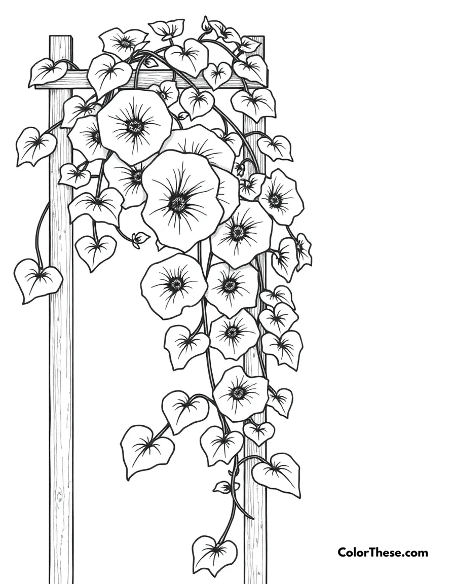 Free printable morning glory vine coloring page for kids and adults. A vine of morning glories climbing a trellis.