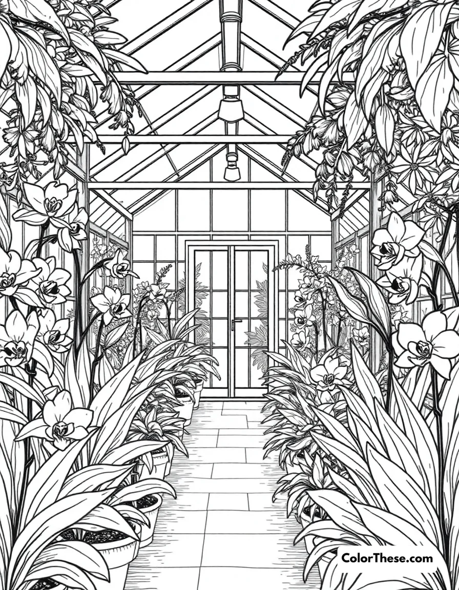 Free printable orchid greenhouse coloring page for kids and adults. A greenhouse filled with exotic orchids.