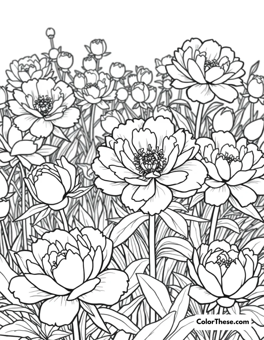 Free printable peony garden coloring page for kids and adults. A garden filled with blooming peonies.
