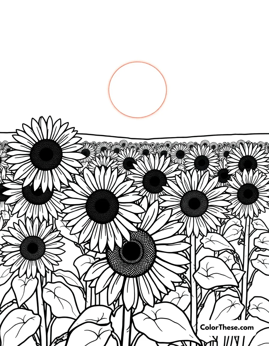 Free printable sunflower field at sunset coloring page for kids and adults. A field of sunflowers glowing under a warm sunset.