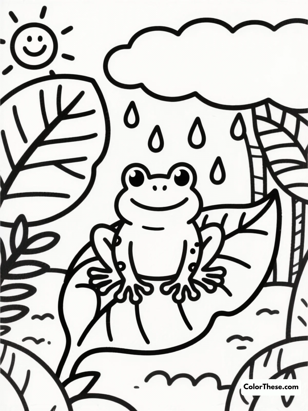 Free printable frog in a rainforest setting coloring page for kids and adults. Explore a vibrant rainforest scene featuring an adorable frog, with coloring opportunities for all ages. Let your creativity shine as you add color to this lush environment.