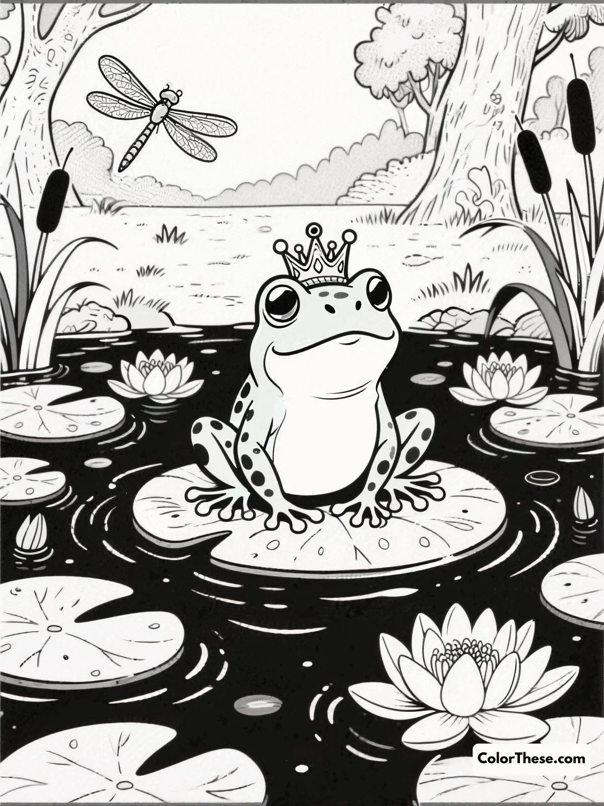 Free printable frog prince in a magical pond coloring page for kids and adults. Dive into the enchanting world of the Frog Prince in a Magical Pond, where imagination and creativity come together in a delightful coloring experience for all ages!