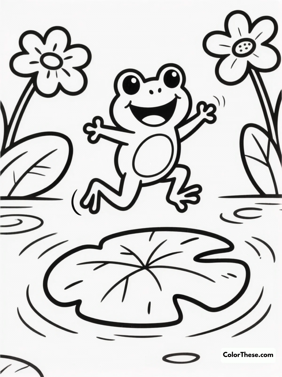 Free printable froggy jumping on a lily pad coloring page for kids and adults. Explore this charming scene of a froggy jumping on a lily pad, suitable for all ages, and bring it to life with your creative touch!