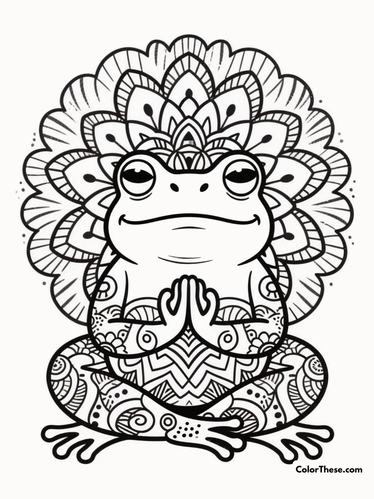 Free printable zen frog with mandala patterns coloring page for kids and adults. Dive into the Zen Frog with Mandala Patterns coloring page for a mindful and artistic experience, perfect for stress relief and creative exploration.