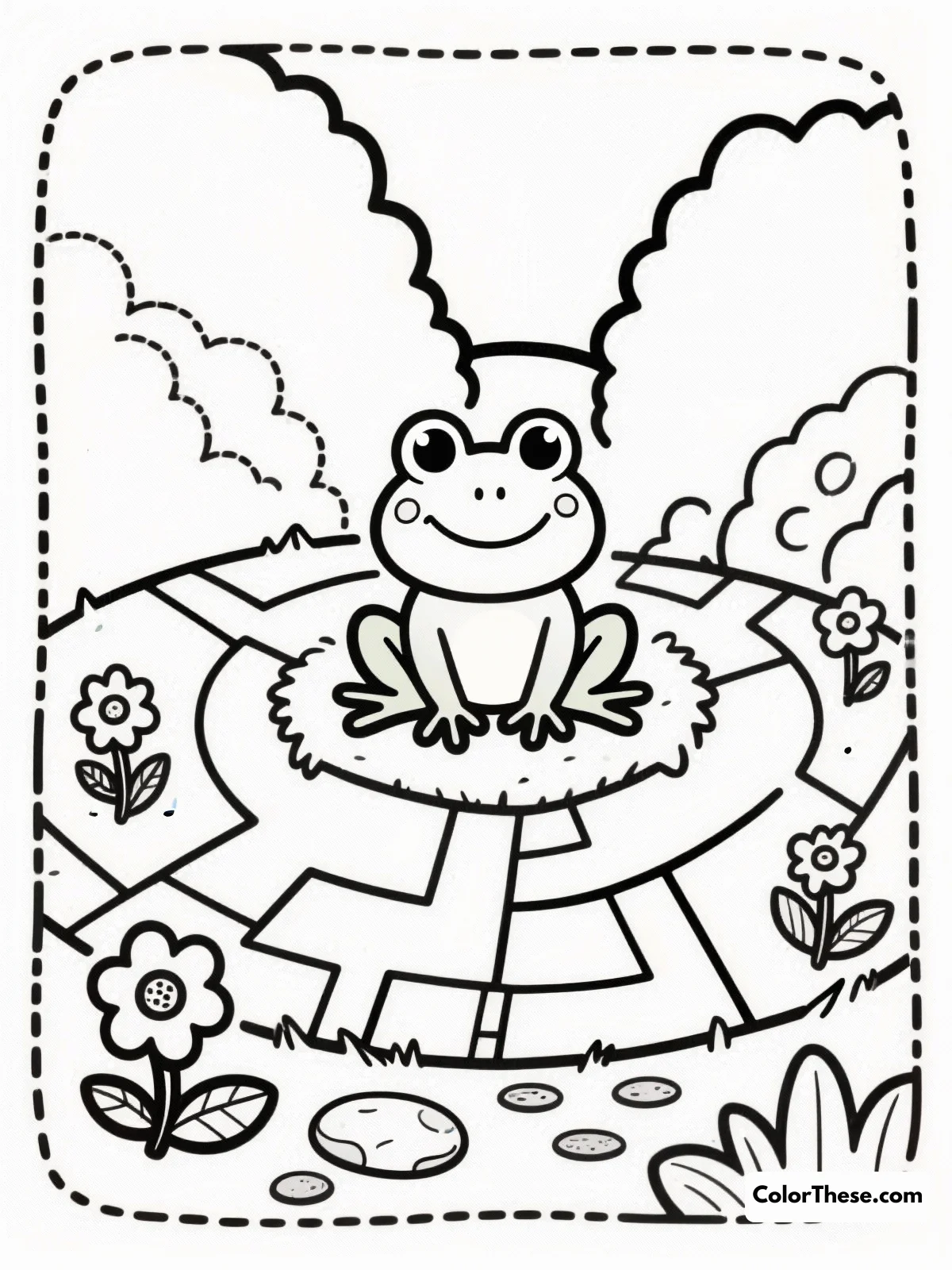 Free printable frog in a garden maze coloring page for kids and adults. Explore the whimsical garden maze with a playful frog character in this delightful coloring page suitable for all ages. Unleash your creativity and bring the scene to life with vibrant colors.