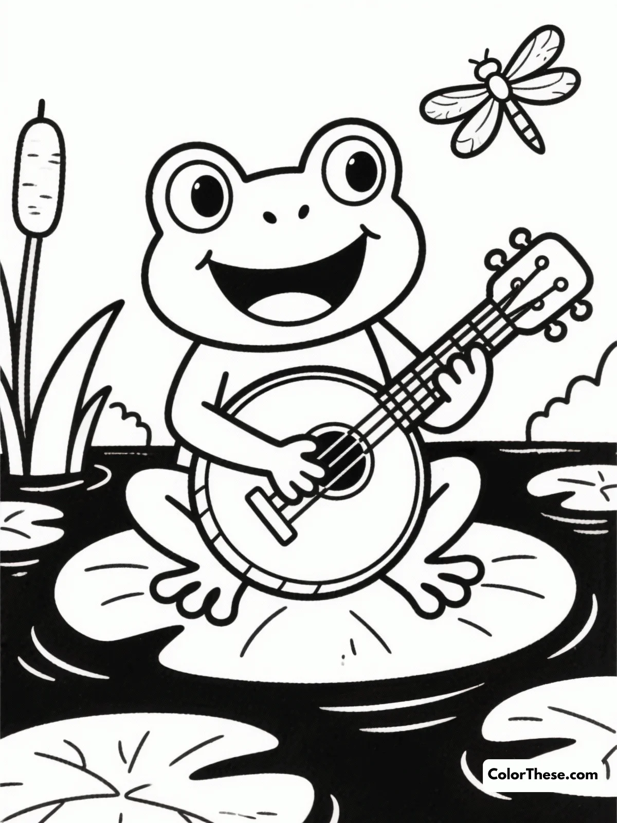 Free printable frog playing a banjo coloring page for kids and adults. Explore a whimsical scene of a frog playing a banjo by the pond, perfect for colorists of all ages looking to add their own creative touch.