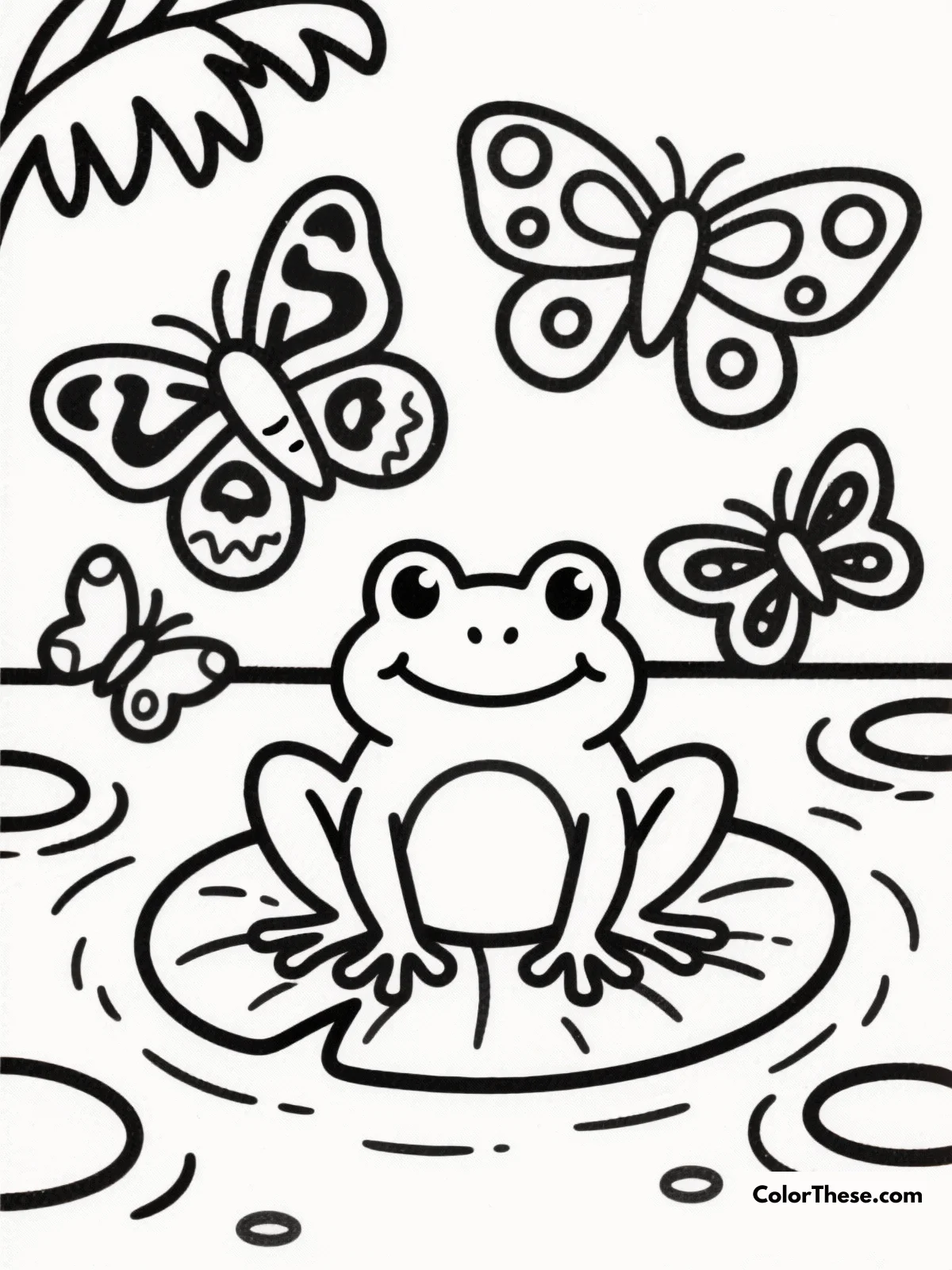 Free printable frog with tropical butterflies coloring page for kids and adults. Explore a vibrant scene where a cheerful frog meets elegant tropical butterflies. Perfect for all ages, this coloring page invites creativity and relaxation.