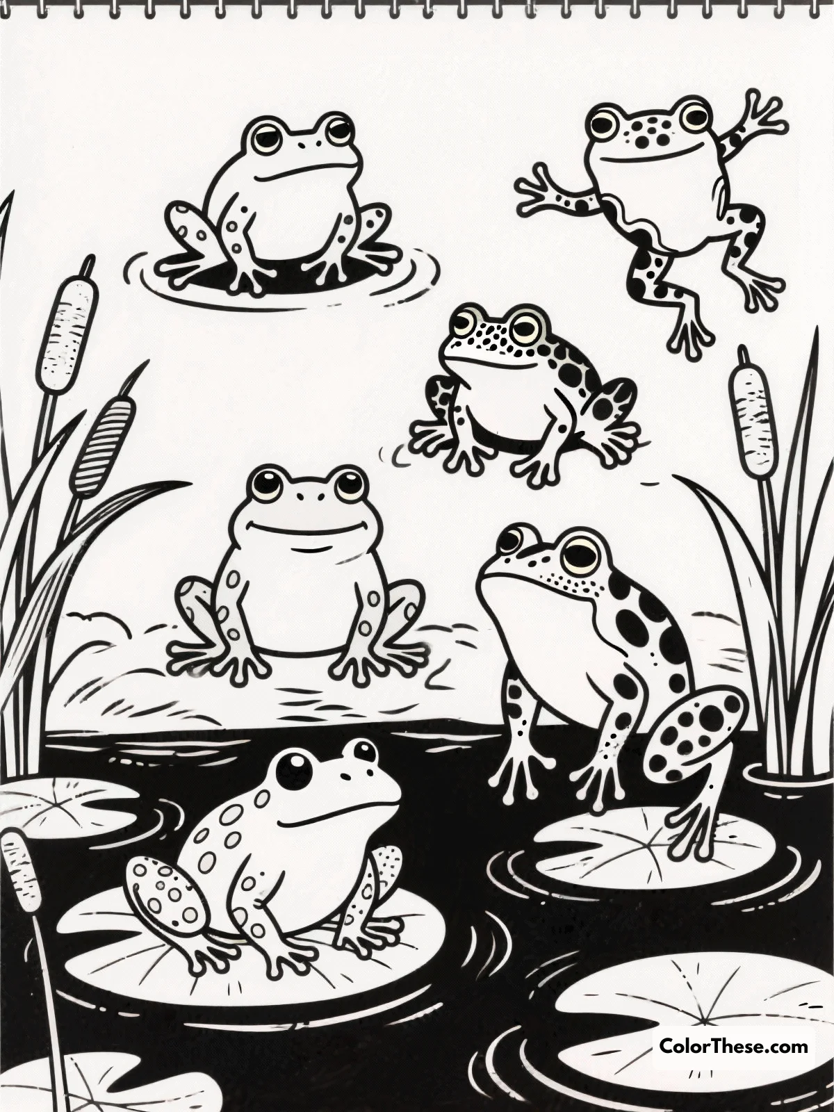Free printable frogs of different species coloring page for kids and adults. Explore the vibrant world of frogs with this delightful coloring page, perfect for artists of all ages. Discover unique frog species and bring them to life with your favorite colors.