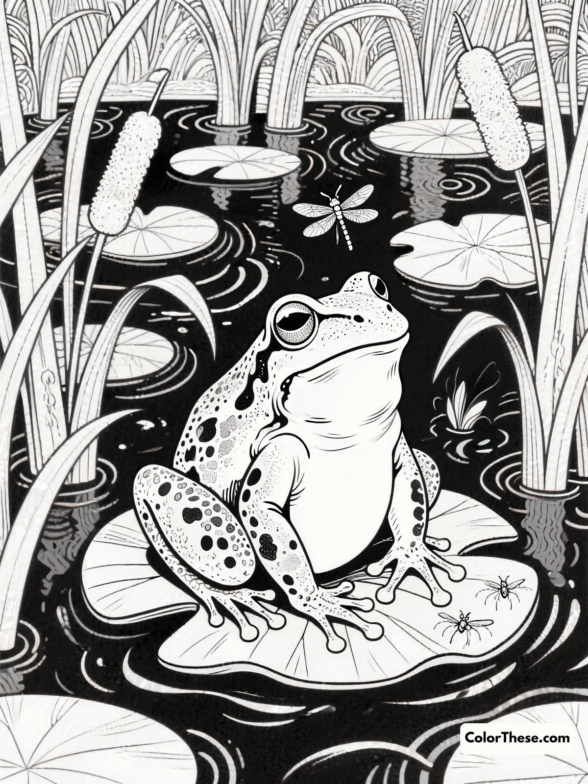 Free printable intricate frog and swamp scene coloring page for kids and adults. Dive into the intricate details of this frog and swamp scene, perfect for coloring enthusiasts of all ages. Discover creative techniques and bring this tranquil setting to life with your unique style.