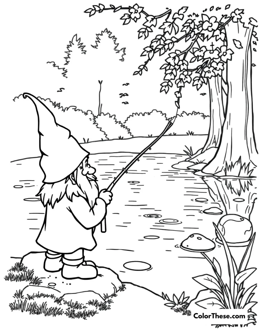 Free printable fishing gnome by the pond coloring page for kids and adults. A gnome fishing by a serene pond.