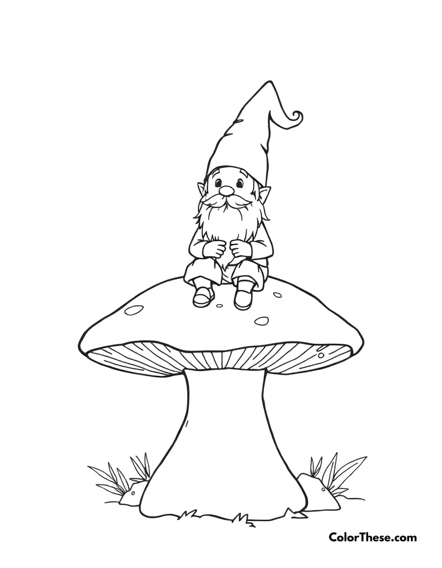 Free printable forest gnome with mushrooms coloring page. A magical forest gnome sitting on a giant mushroom.