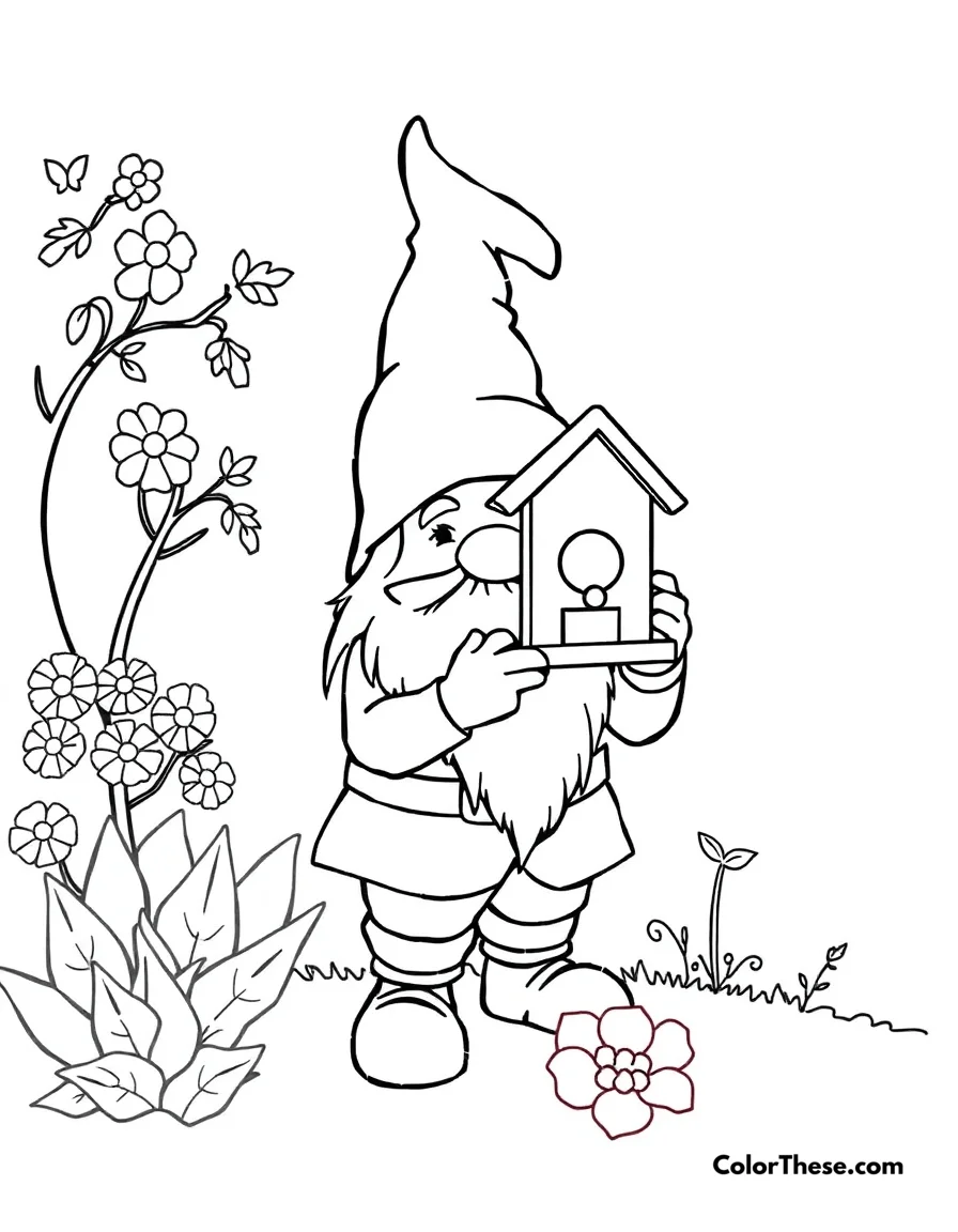 Free printable gnome with a birdhouse coloring page. A gnome holding a birdhouse in a garden.
