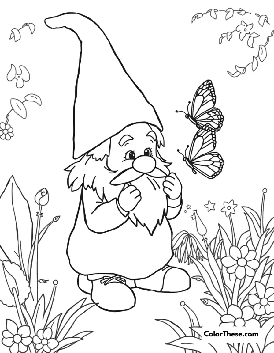 Free printable gnome with a butterfly coloring page for kids and adults. A gnome watching a butterfly in a garden.