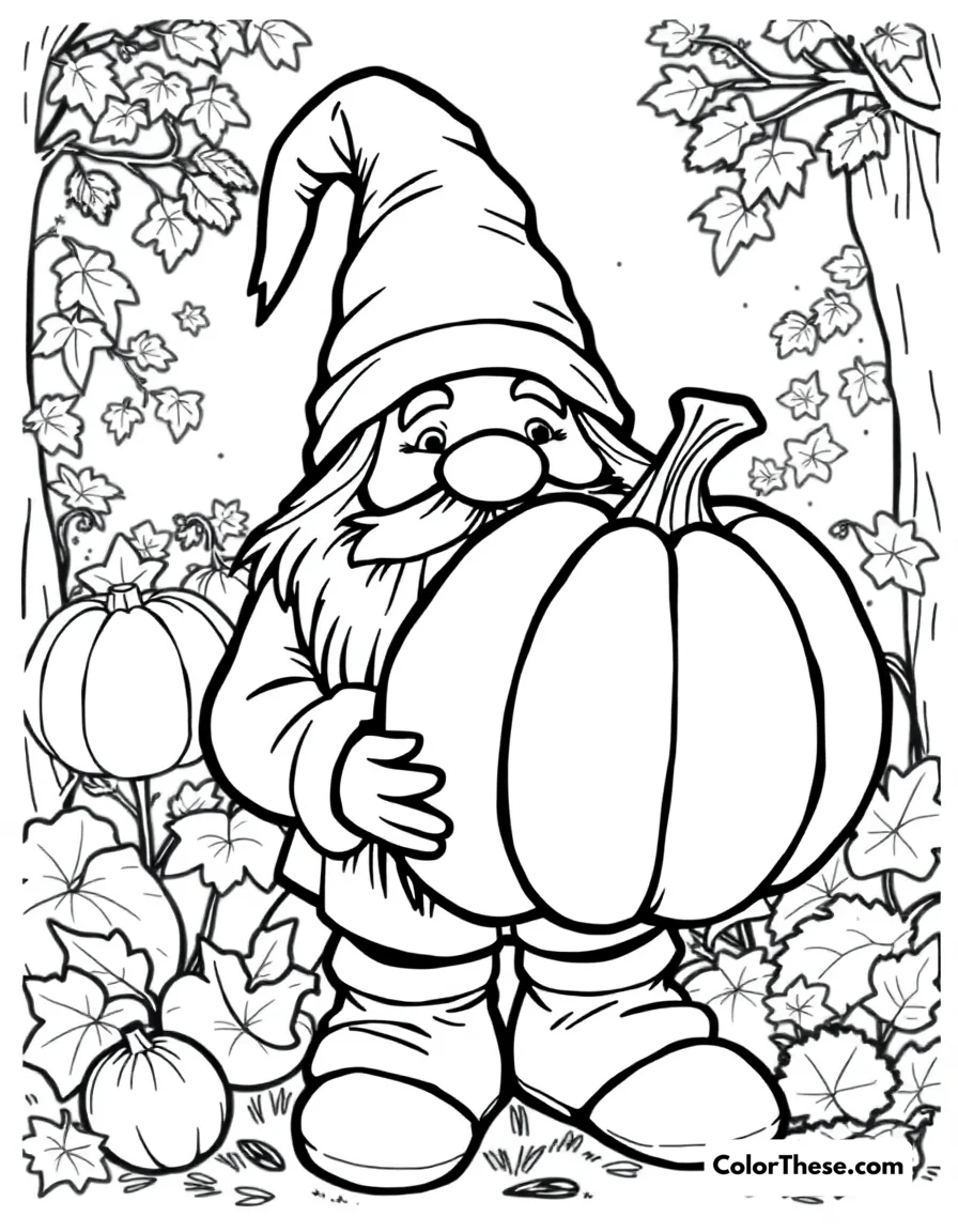 Free printable gnome with a pumpkin coloring page for kids and adults. A gnome holding a large pumpkin in a fall setting.