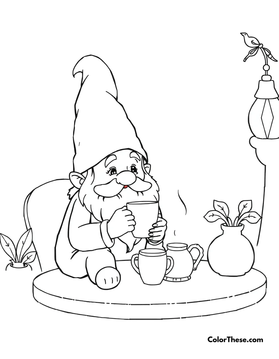 Free printable gnome with a tea set coloring page for kids and adults. A gnome enjoying tea in a cozy setting.