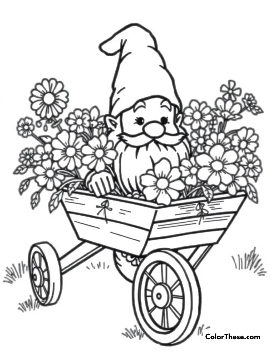 Free printable gnome with a wheelbarrow coloring page for kids and adults. A gnome pushing a wheelbarrow filled with flowers.