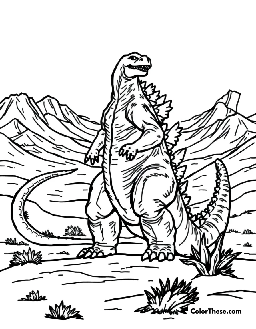 Free printable godzilla in a desert coloring page for kids and adults. Godzilla standing in a vast desert.