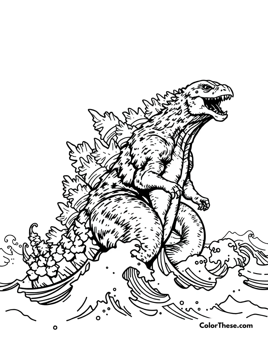 Free printable godzilla emerging from the ocean coloring page for kids and adults. Godzilla rising from the ocean waves.