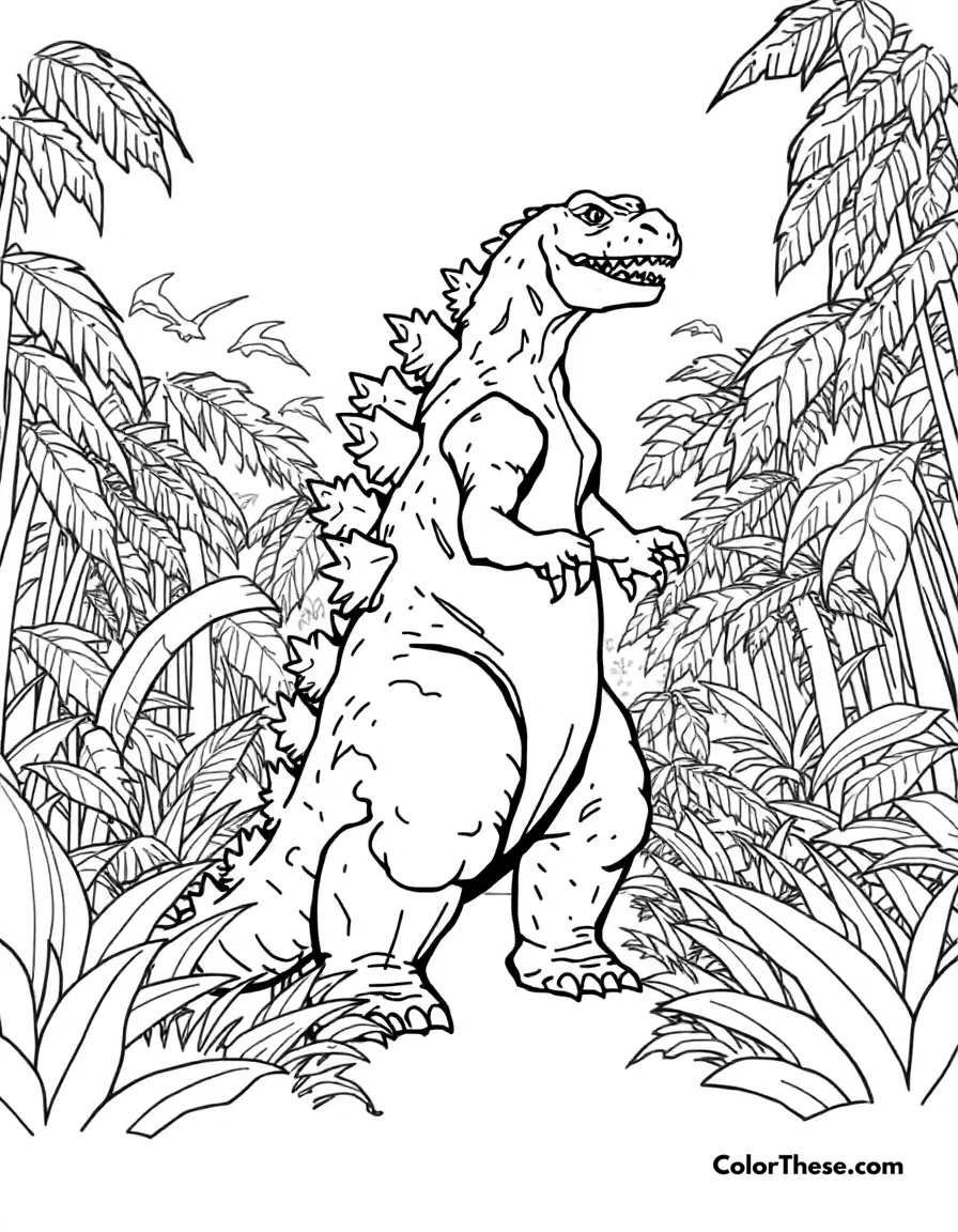 Free printable godzilla in a jungle coloring page for kids and adults. Godzilla standing in a dense jungle.