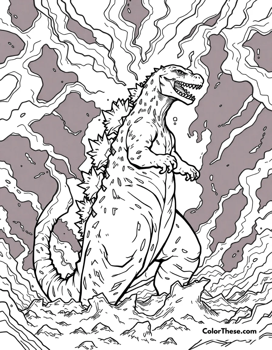 Free printable godzilla in a storm coloring page for kids and adults. Godzilla standing amidst a raging storm.