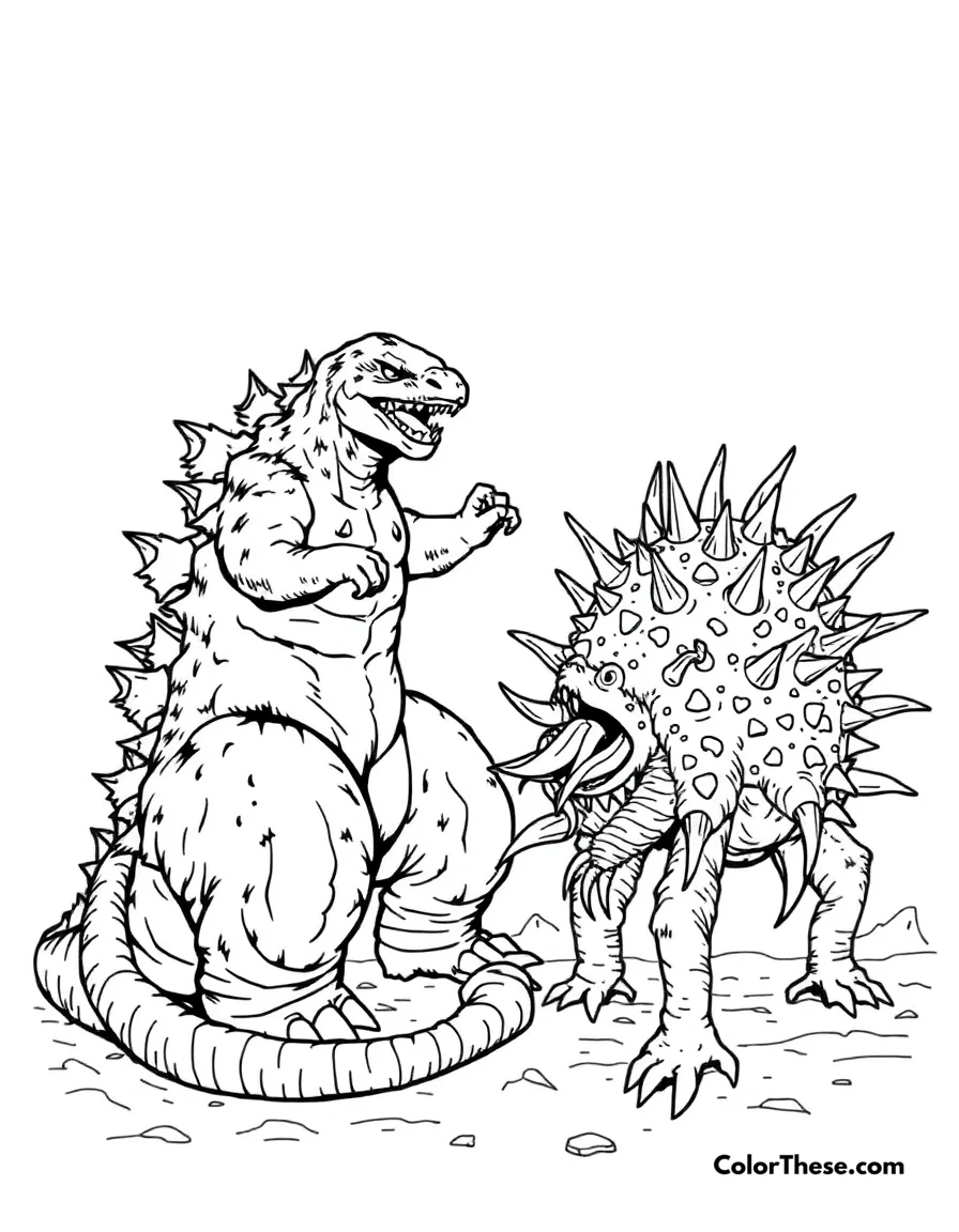 Free printable godzilla vs. anguirus coloring page for kids and adults. Godzilla battling the spiky monster, Anguirus.
