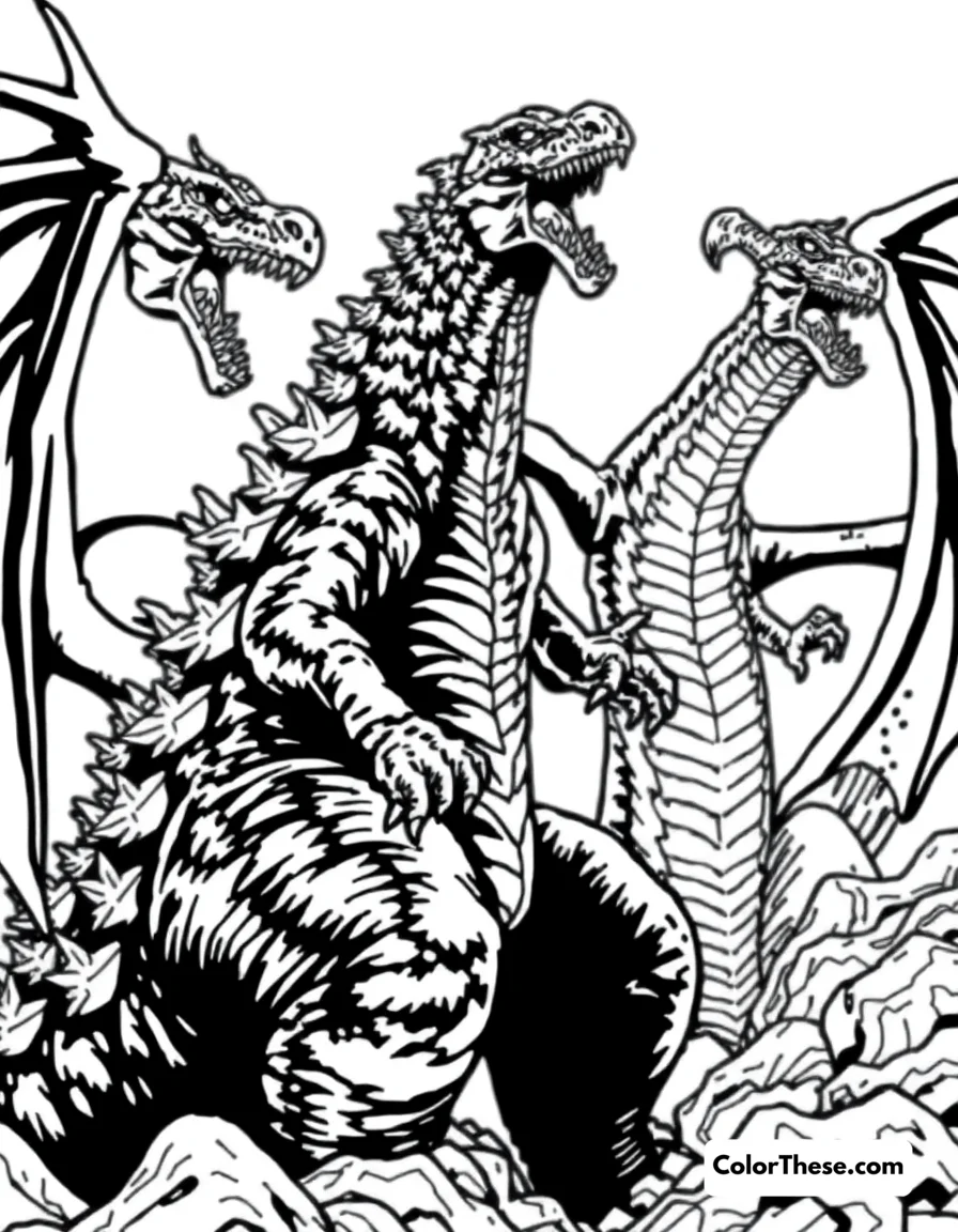 Free printable godzilla vs. king ghidorah coloring page for kids and adults. Godzilla battling the three-headed dragon, King Ghidorah.
