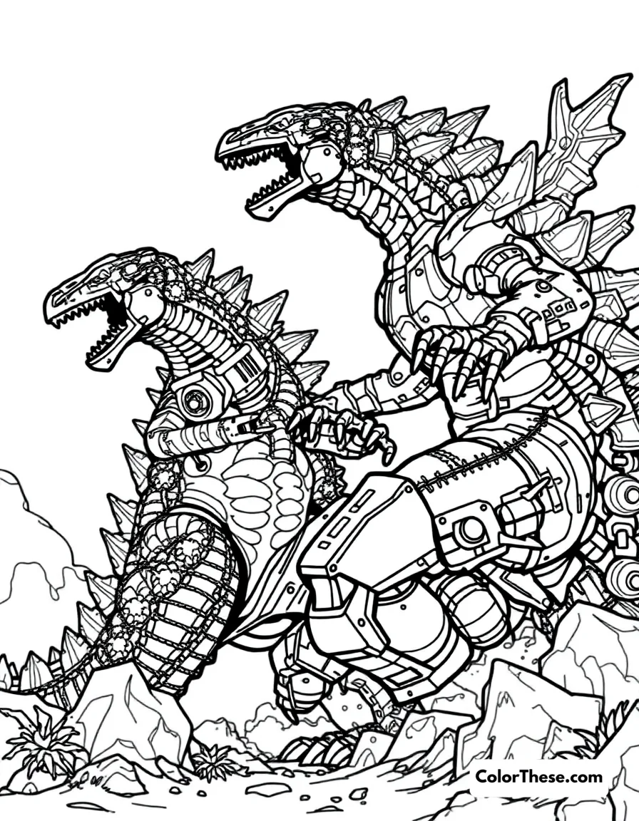Free printable godzilla vs. mechagodzilla coloring page for kids and adults. Godzilla battling the robotic Mechagodzilla.