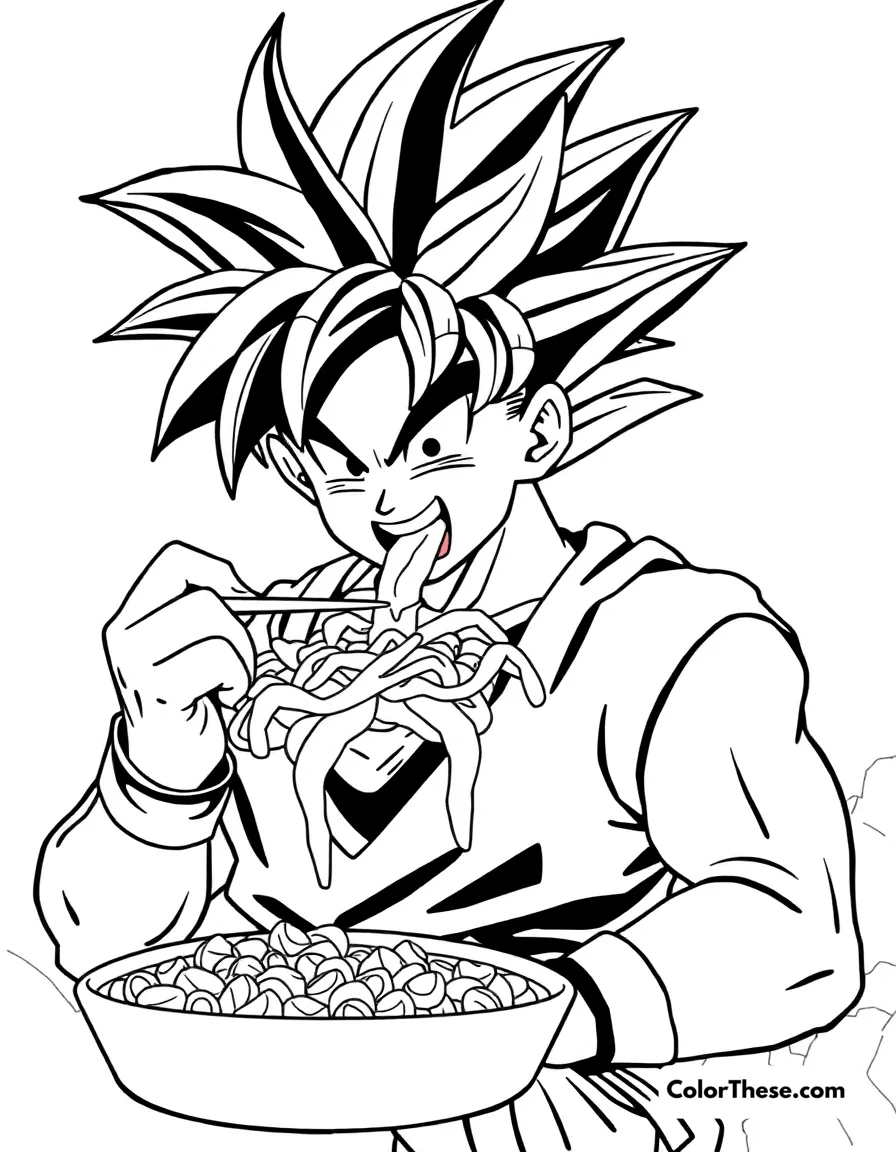 Free printable goku eating a feast coloring page. Goku (Dragon Ball) enjoying a massive meal after training.