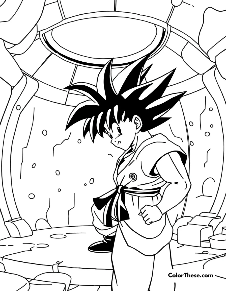 Free printable goku in the hyperbolic time chamber coloring page. Goku (Dragon Ball) training in the Hyperbolic Time Chamber.