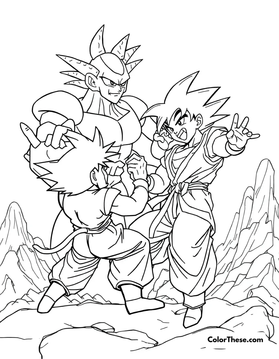 Free printable goku vs. frieza coloring page. Goku (Dragon Ball) battling the tyrant Frieza on Planet Namek.
