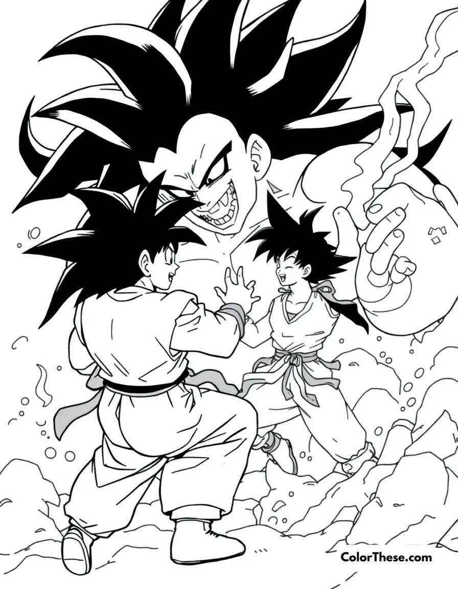 Free printable goku vs. majin buu coloring page for kids and adults. Goku (Dragon Ball) battling the magical Majin Buu.
