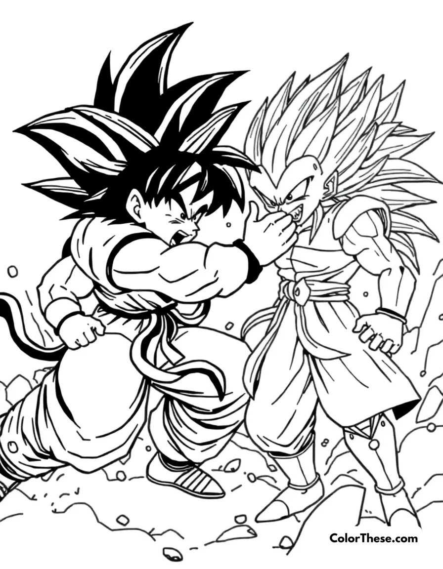 Free printable goku vs. vegeta coloring page for kids and adults. Goku (Dragon Ball) battling his rival, Vegeta, in an epic showdown.
