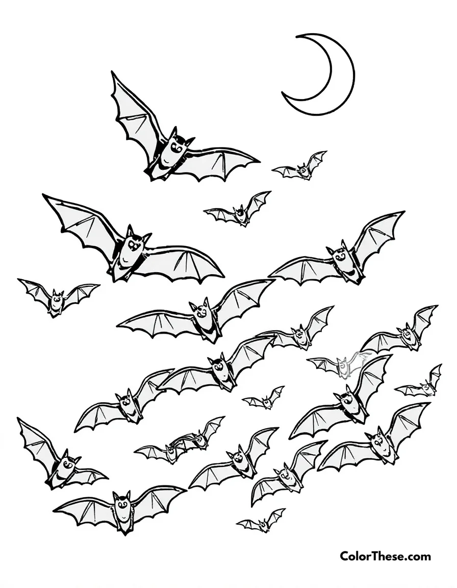Free printable bat swarm in the night sky coloring page for kids and adults. A swarm of bats flying under a crescent moon.