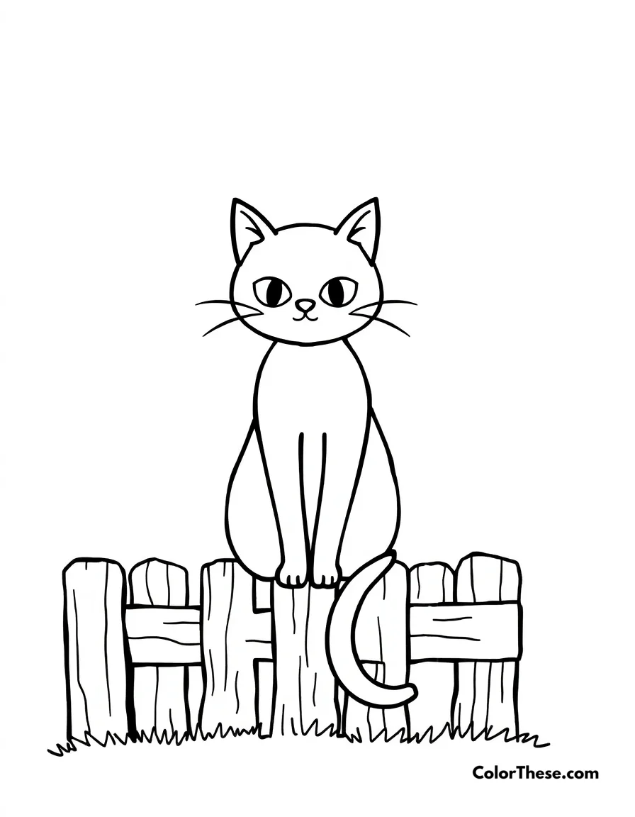 Free printable black cat on a fence coloring page for kids and adults. A black cat sitting on a wooden fence under a crescent moon.