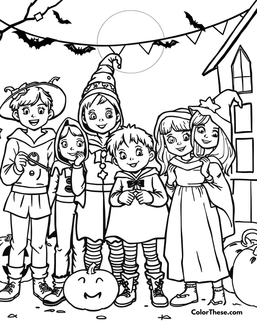 Free printable halloween party scene coloring page for kids and adults. A group of kids in costumes at a Halloween party.