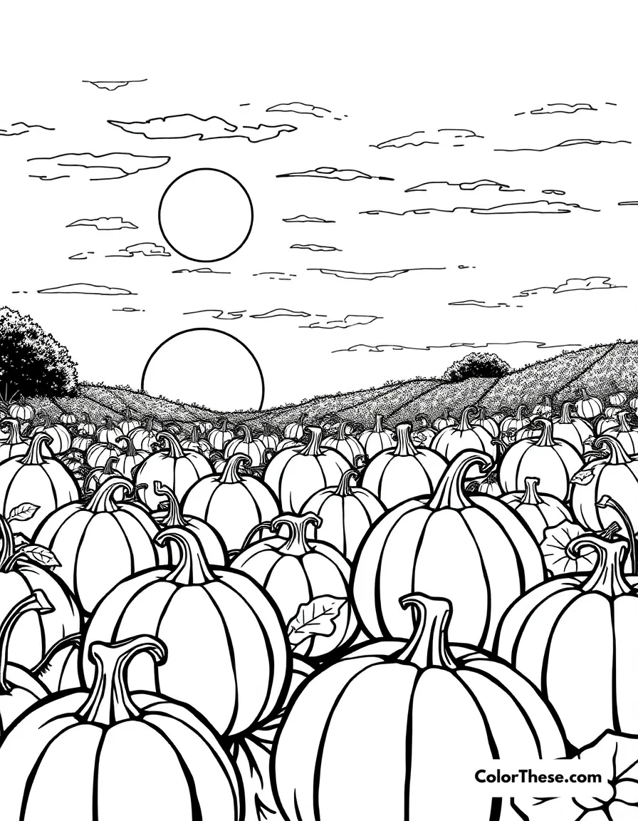 Free printable pumpkin patch at dusk coloring page for kids and adults. A pumpkin patch glowing under the evening sky.