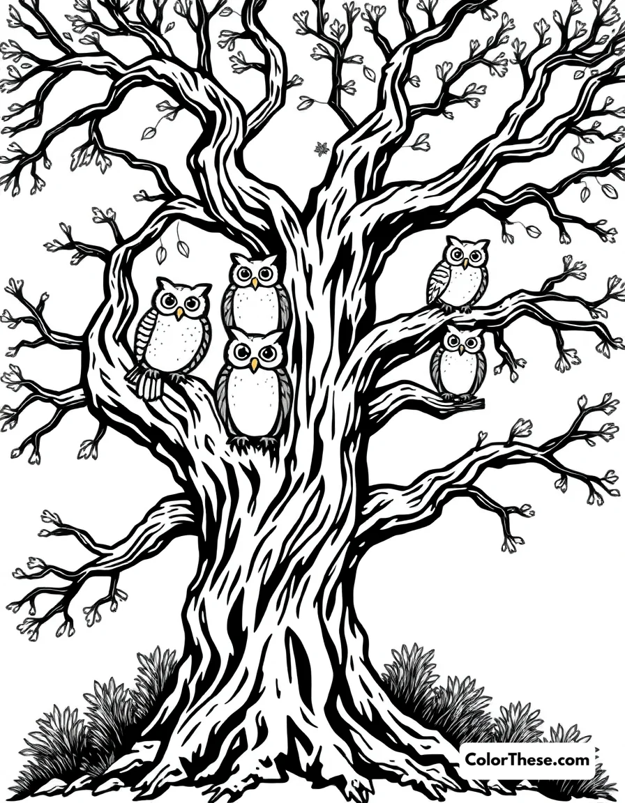 Free printable spooky tree with owls coloring page for kids and adults. A gnarled tree with owls perched on its branches.