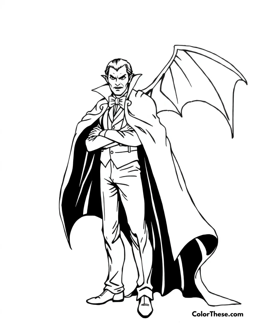 Free printable vampire in a cape coloring page for kids and adults. A vampire standing in a dramatic pose with a flowing cape.
