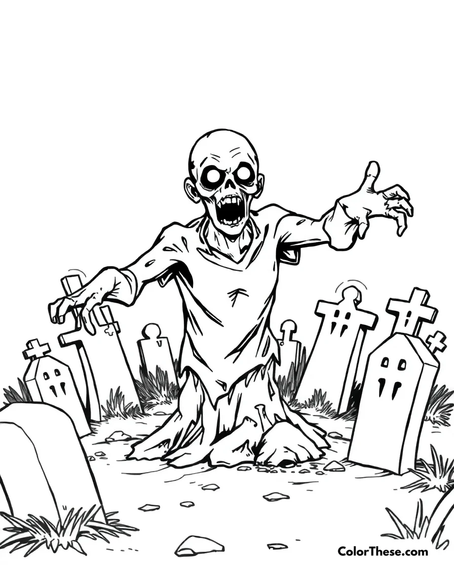Free printable zombie rising from the ground coloring page for kids and adults. A zombie emerging from the ground in a graveyard.