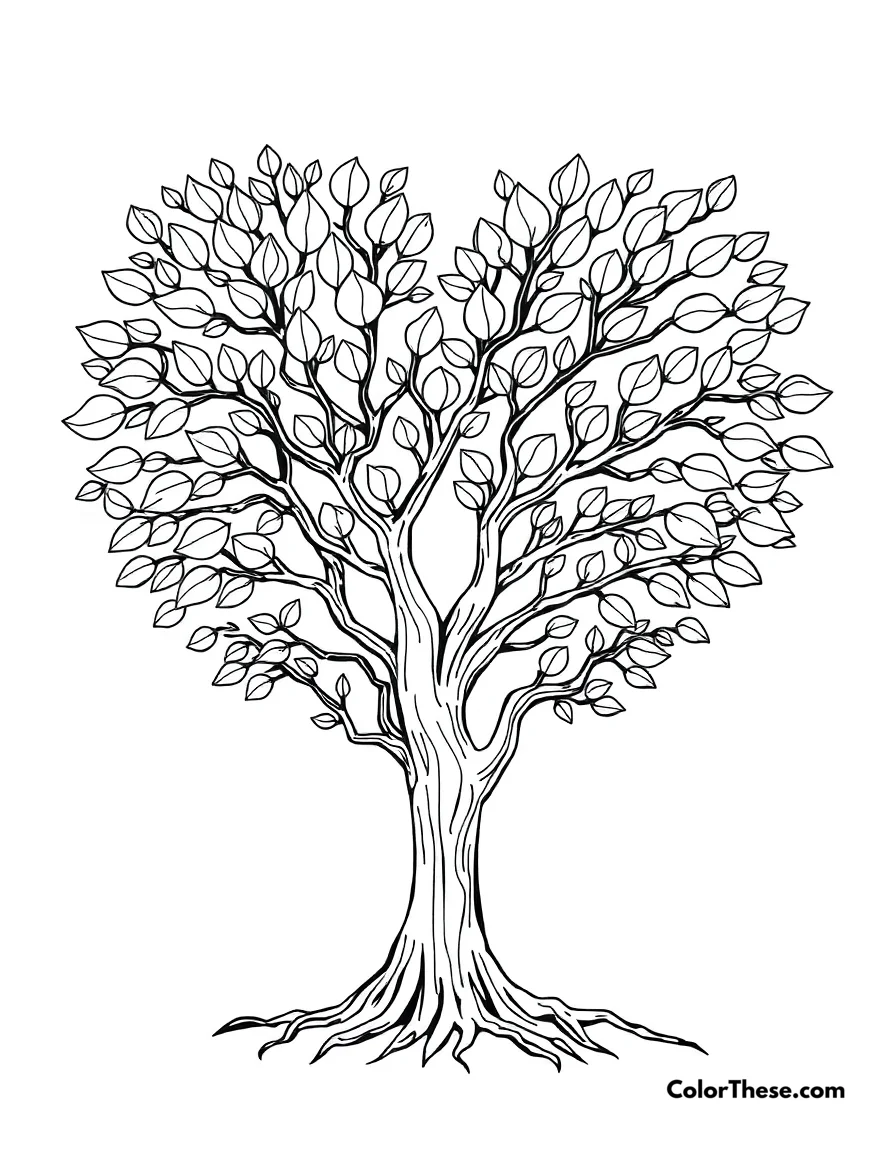 Free printable heart-shaped tree coloring page for kids and adults. A tree shaped like a heart, symbolizing growth and love.