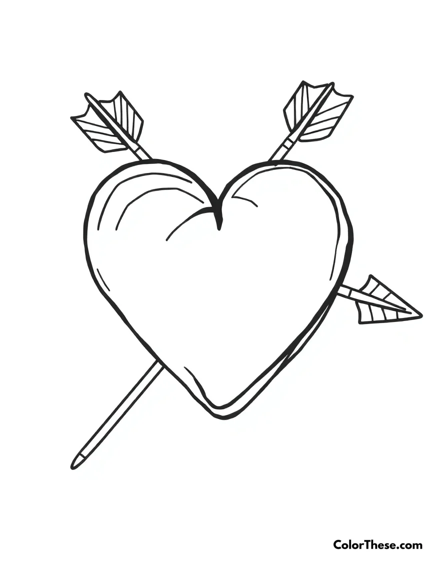 Free printable heart with arrow coloring page. A heart pierced by an arrow, symbolizing love.