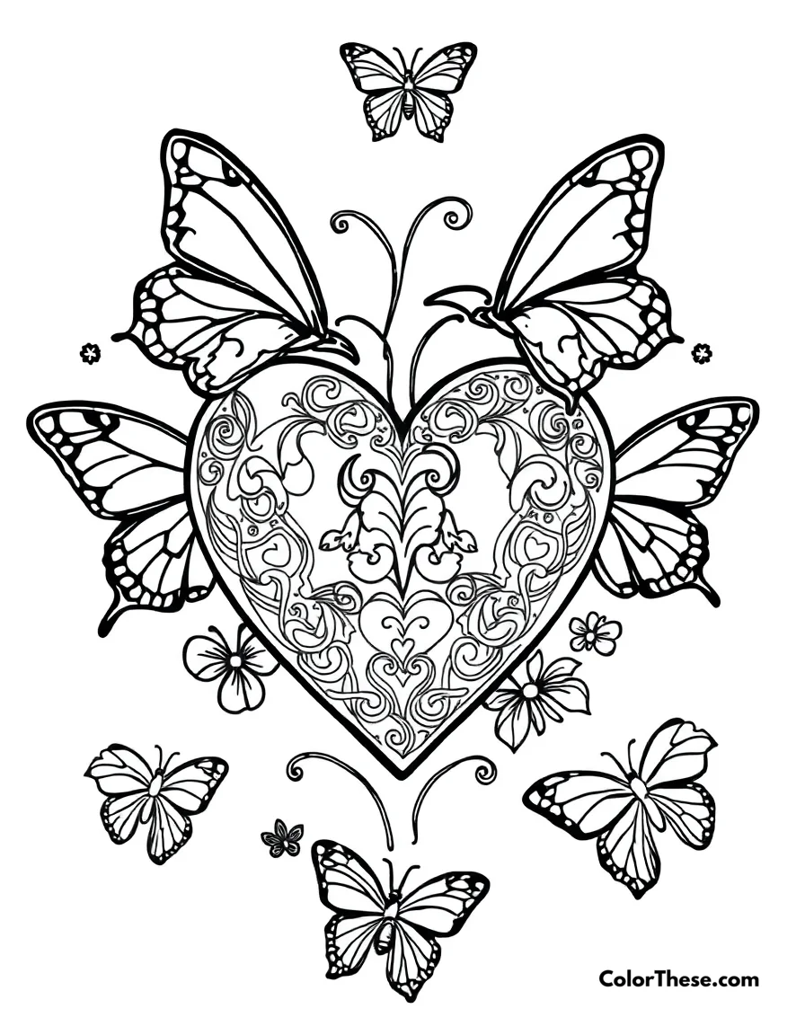 Free printable heart with butterflies coloring page for kids and adults. A heart surrounded by butterflies.
