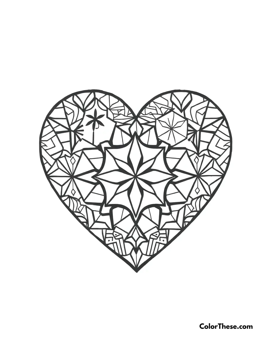 Free printable heart with geometric patterns coloring page for kids and adults. A heart filled with geometric shapes and patterns.